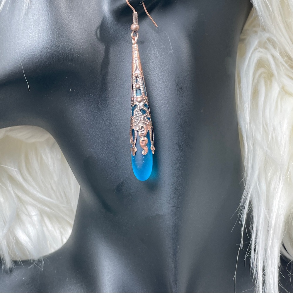 Artisan Boho Elegant Brilliant Blue Frosted Glass Antique Copper Drop Earrings - Picture 9 of 11
